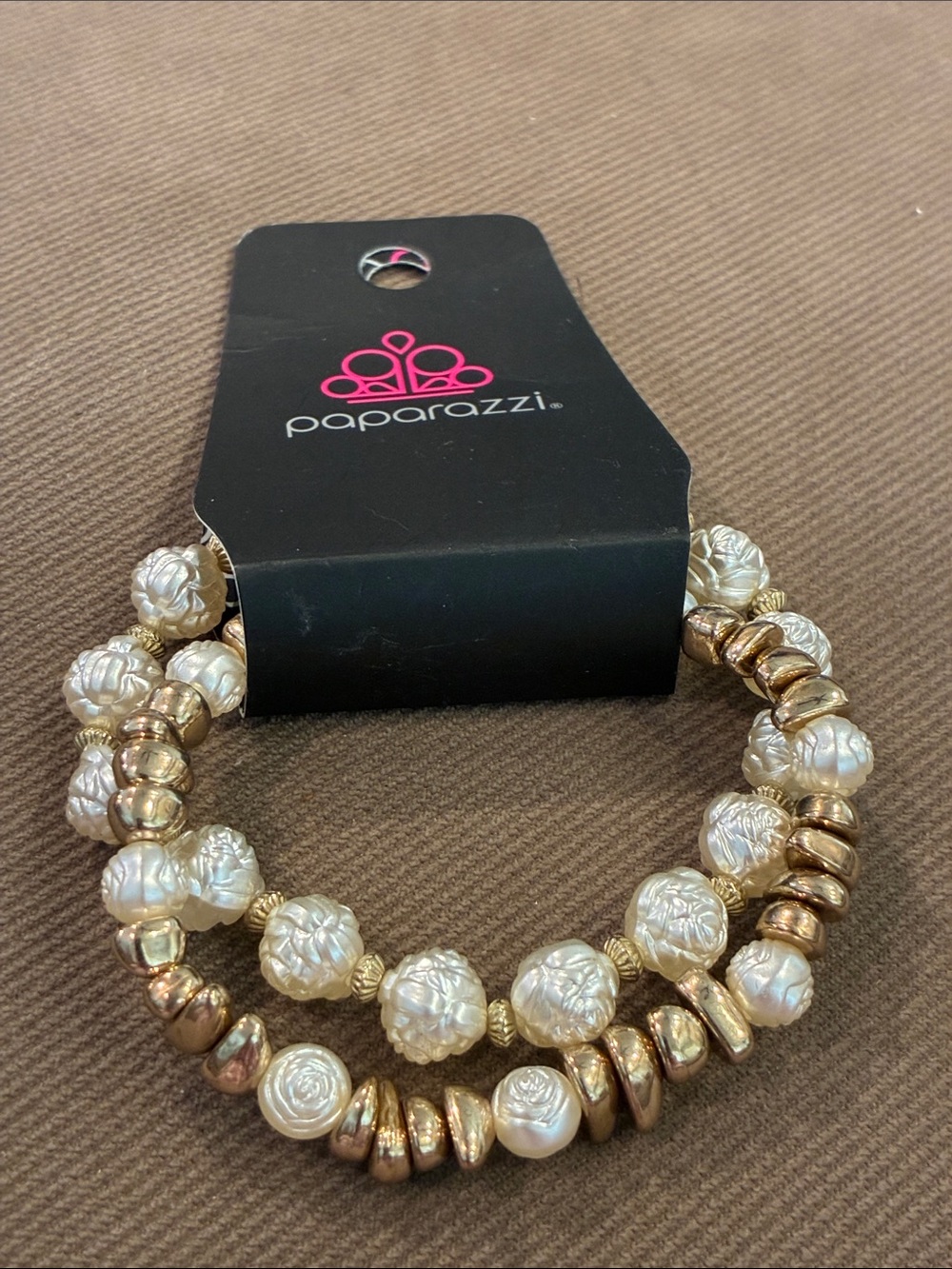Paparazzi White Floral Faux‎ Pearl Gold-Tone Stretch Bracelet Set 2PC NEW